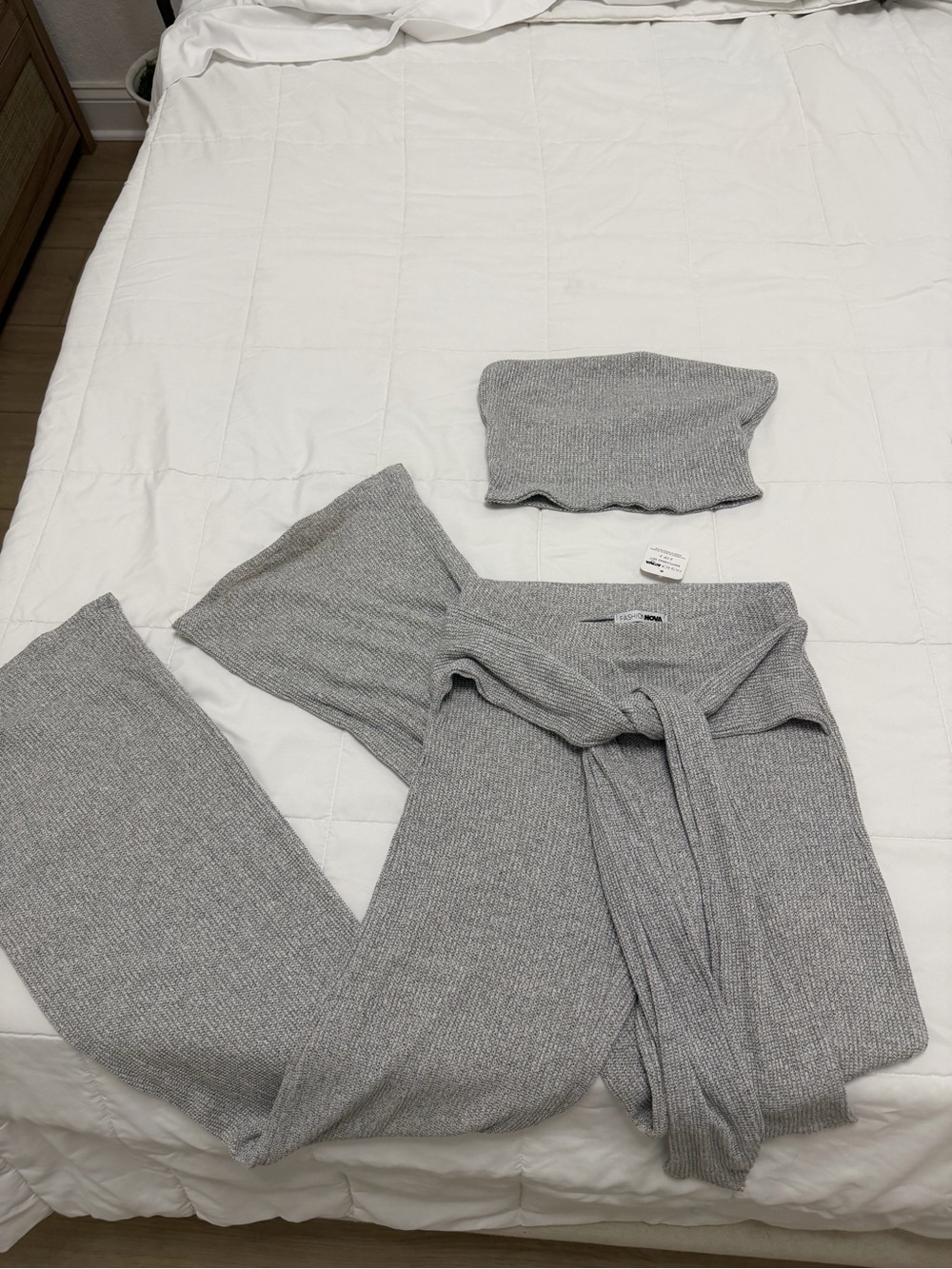 Fashion Nova Grey Ribbed Bandeau & Wide Leg Lounge Set
